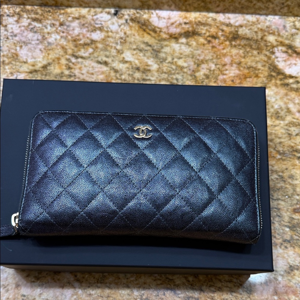 CHANEL Metallic Quilted Zip-Around Long Wallet – Iconic CC Logo, Authentic